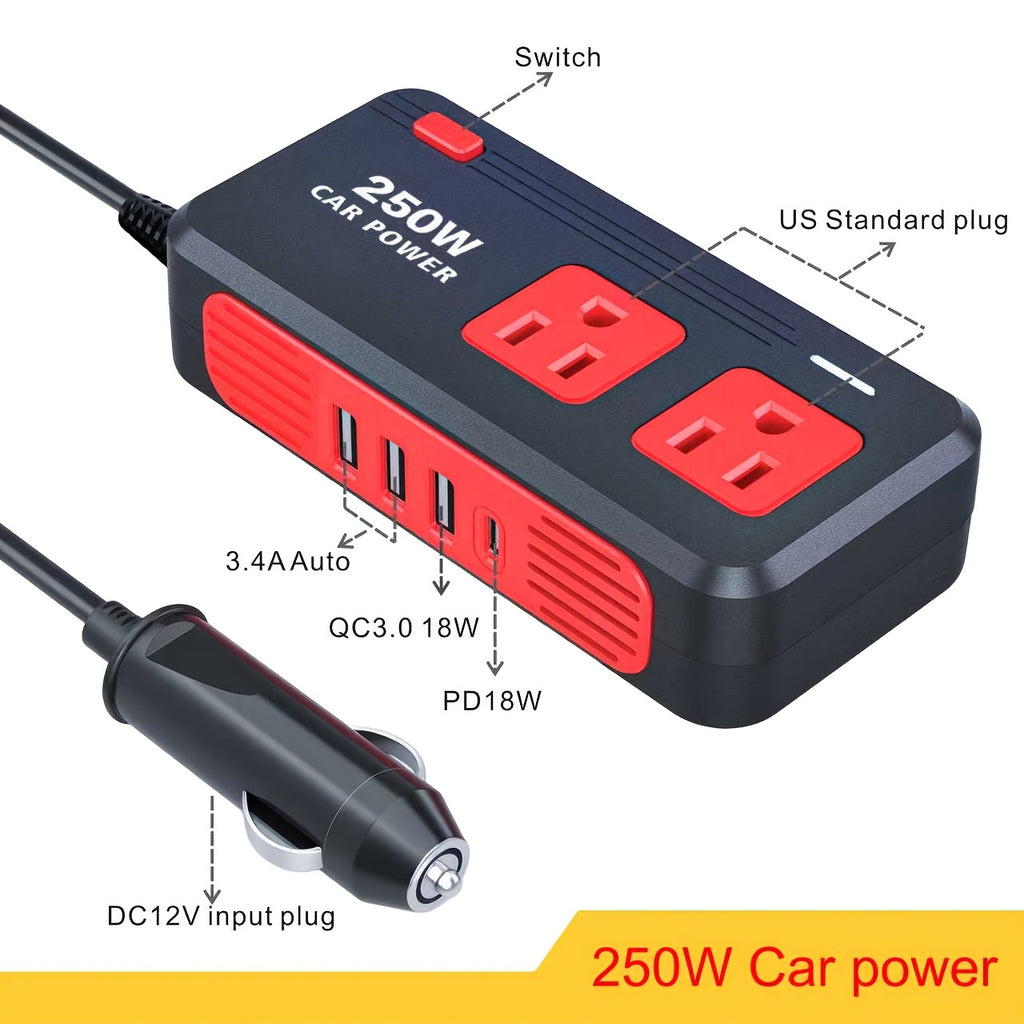 250W QC 3.0新款车载电源逆变器，配备3个USB接口与Type-C接口，快速充电器，12V直流转110V交流转换器，适用于公路旅行与露营，可用于电脑、汽车、卡车、房车，无需电池