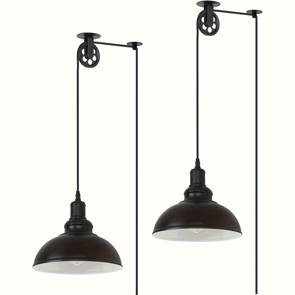 2-Pack LYOOWNG Industrial Plug-In Switched Pendant Light, 19.5ft Cord with Switch, Black Metal Dome, 110-130V US Plug, Bulb Not Included, for Farmhouse Kitchen, Island, Living Room, Dining Room