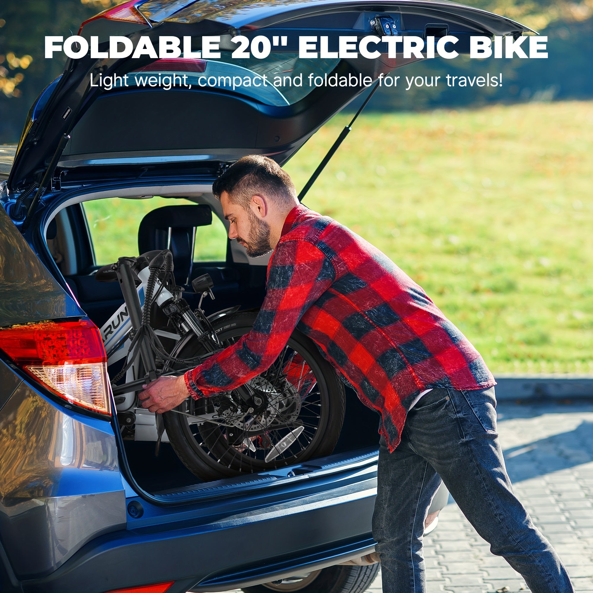 20寸可折叠电动自行车，成人500W强力电机电动自行车，48V 374.4Wh可拆卸锂电池，续航最长可达50-55km，LCD显示屏带7速齿轮电动自行车，城市通勤电动自行车，男女通用
