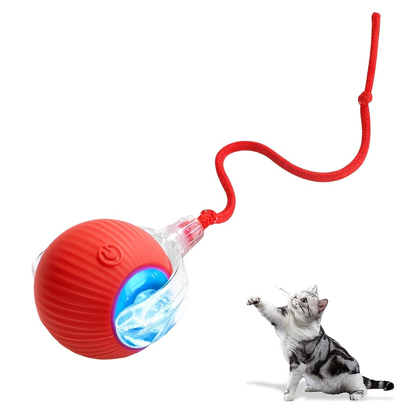 1个带尾绳猫玩具球，智能滚动LED发光互动宠物玩具，自行滚动自动游戏球适用于猫狗，互动跳跃趣味牵引绳