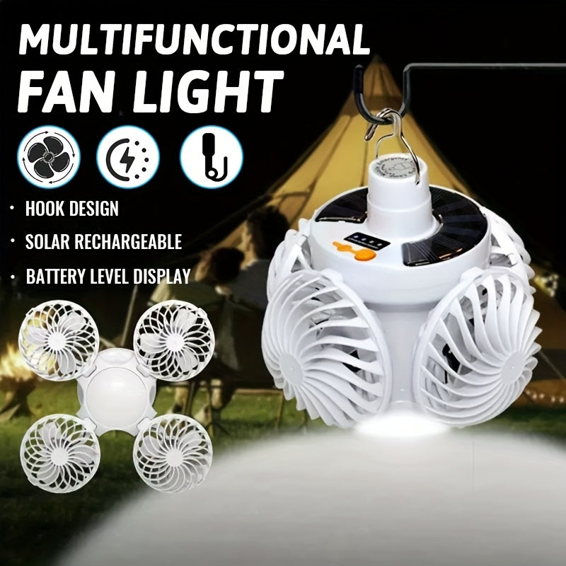 1Pc Solar & USB Rechargeable Tent Light, Portable LED Fan Light, 3 Modes Outdoor Camping Lantern, Emergency Work Light with Hook, Power Indicator, Foldable Emergency Flashlight, Ideal for Fishing, Hiking, BBQ and Outdoor Lighting