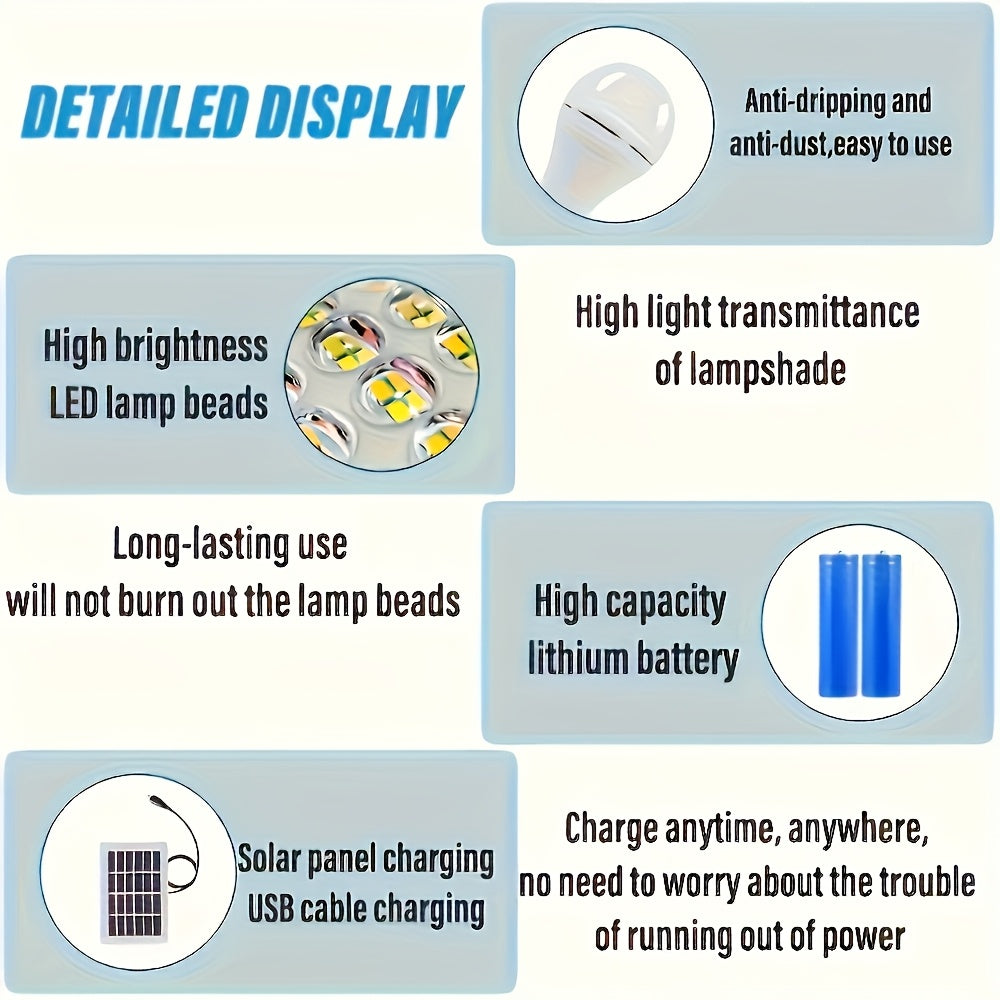 4PCS smart solar LED bulb, USB rechargeable emergency bulb, portable floodlight with hook, 3 lighting modes yard light, suitable for garden, camping, fishing, lantern, night light, emergency use