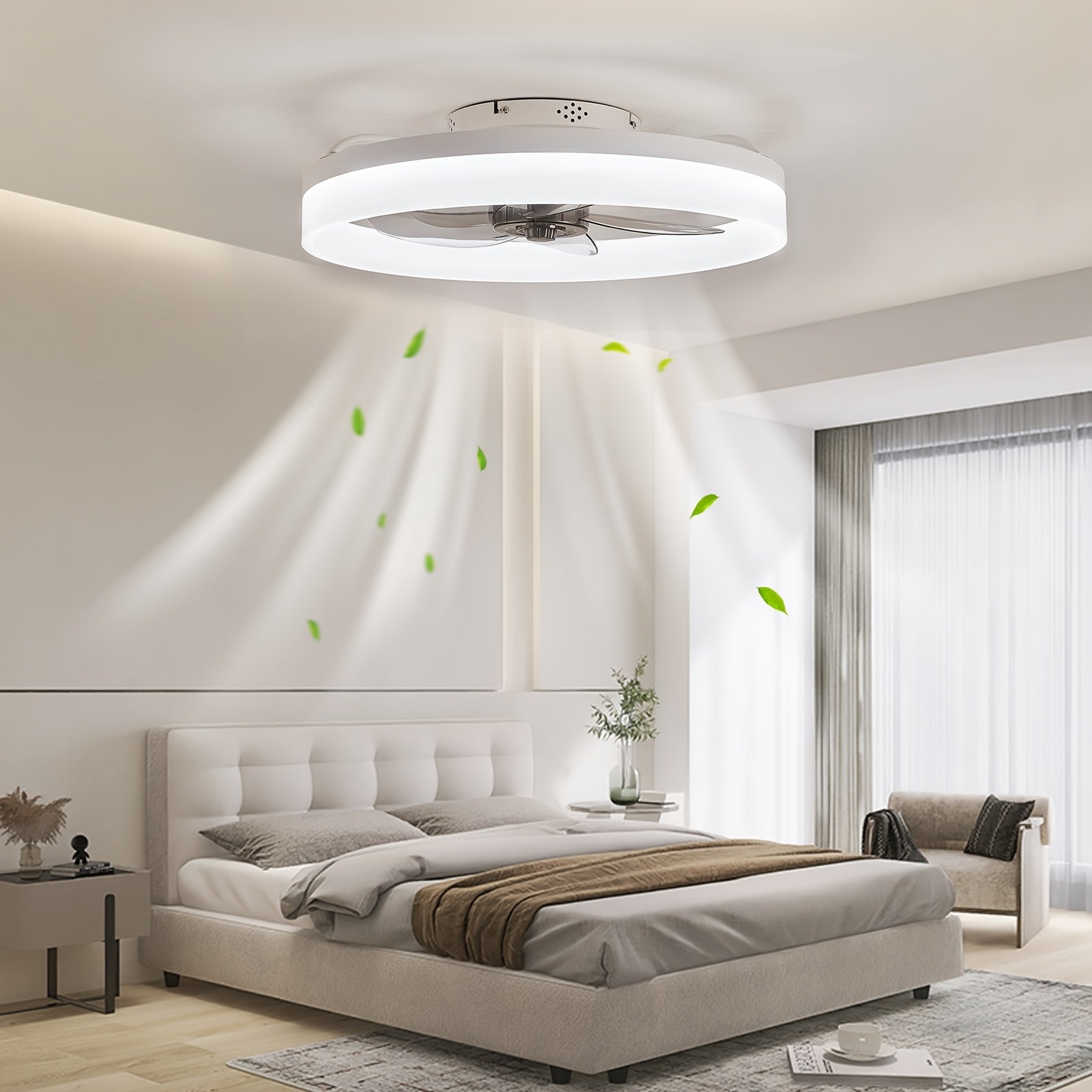 Ceiling Fan with Light & Remote, 19.7" Modern Low-Profile Ceiling Fan, Gradient Color Temperature & 6 Speeds, Flush Mount Ceiling Fan for Bedroom Kids Room (White)