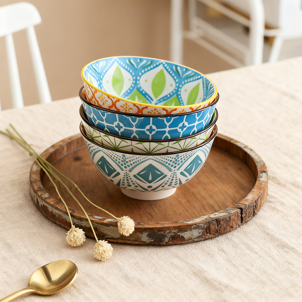 4-Piece Bohemian Style Ceramic Salad Bowls, 4.8-Inch Colorful Kitchen Bowl Set – Great Gift for Family & Friends – Can Be Used as Fruit Bowl, Salad Bowl, Cereal Bowl, Rice Bowl, etc. – Dishwasher & Microwave Safe
