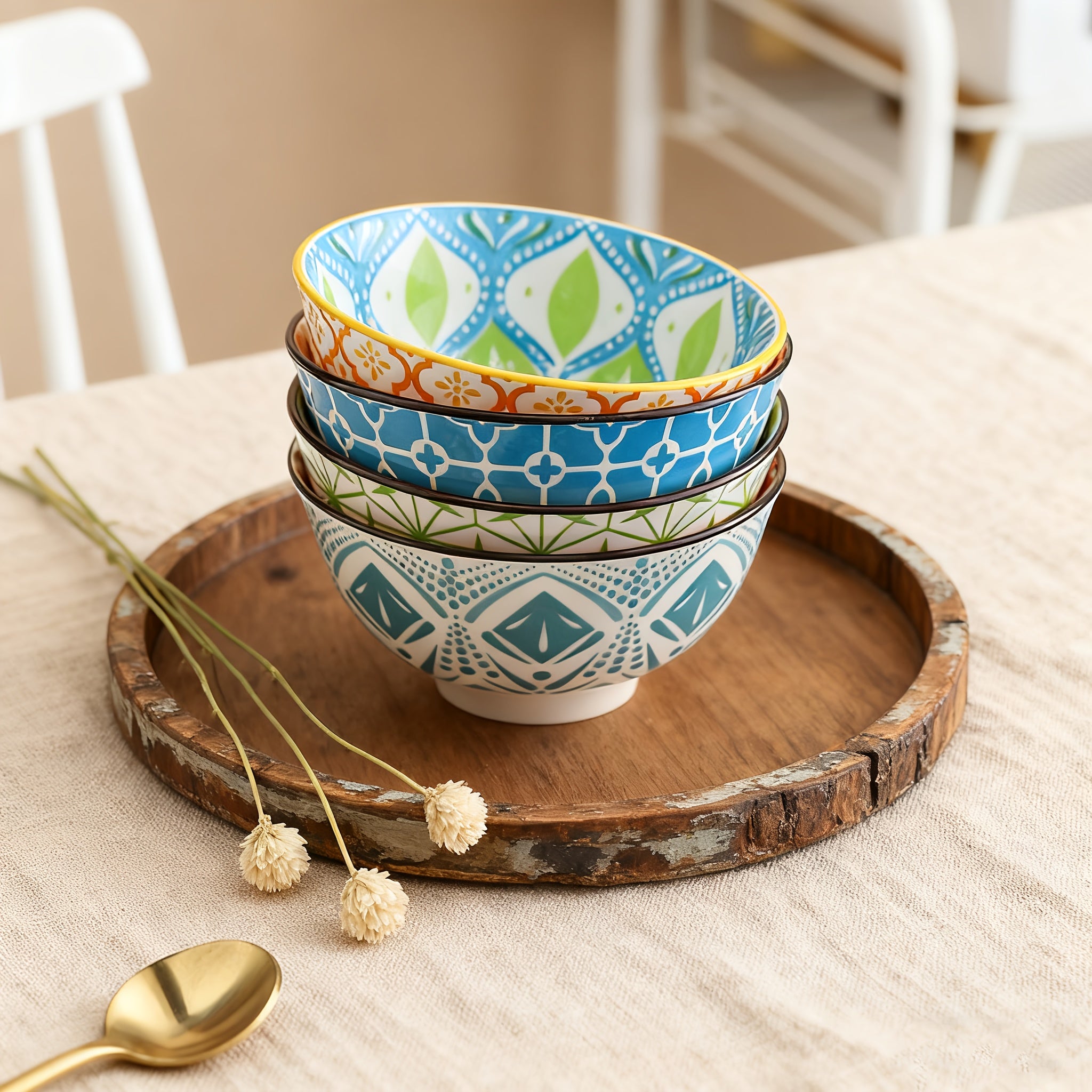 4-Piece Bohemian Style Ceramic Salad Bowls, 4.8-Inch Colorful Kitchen Bowl Set – Great Gift for Family & Friends – Can Be Used as Fruit Bowl, Salad Bowl, Cereal Bowl, Rice Bowl, etc. – Dishwasher & Microwave Safe