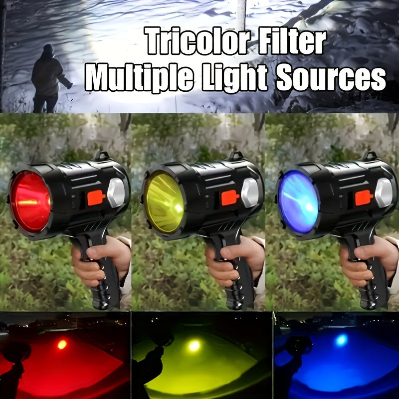 1Pc Rechargeable Spotlight Flashlight with Interchangeable Lenses, High Bright Searchlight, 6 Lighting Modes & 3 Color Filters, Handheld LED Torch with USB Cable, Perfect for Hunting, Home Lighting, Emergency Use