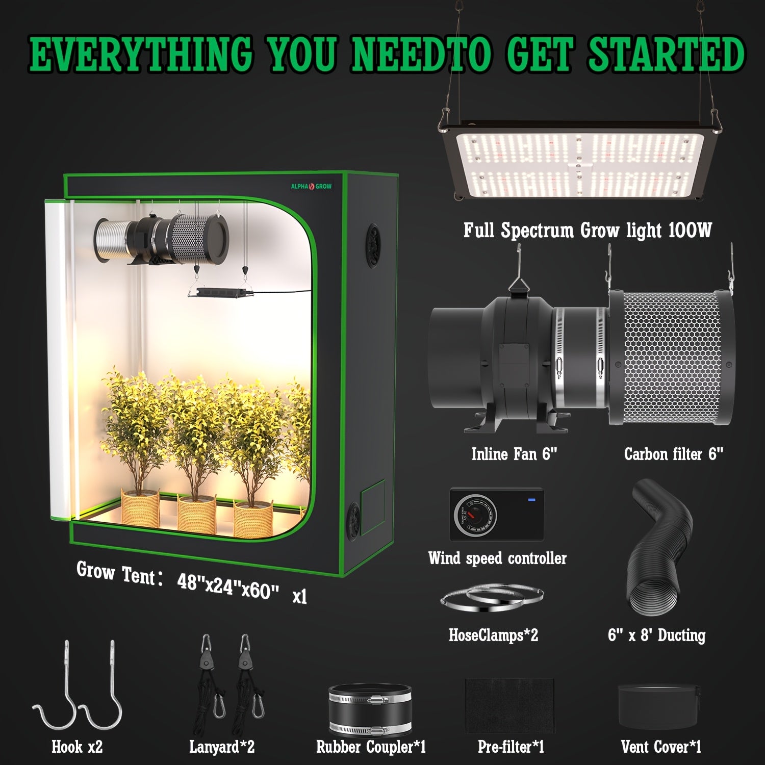 1800D Material 48x24x60 Inch (≈4x2 Ft) Hydroponic Grow Tent, Optional Accessory Kit: 100W Dimmable LED Light, 8ft Ducting, 4"/6" Vents, Optional Standard Independent Fan & Filter Combo or New Integrated Fan-Filter Unit