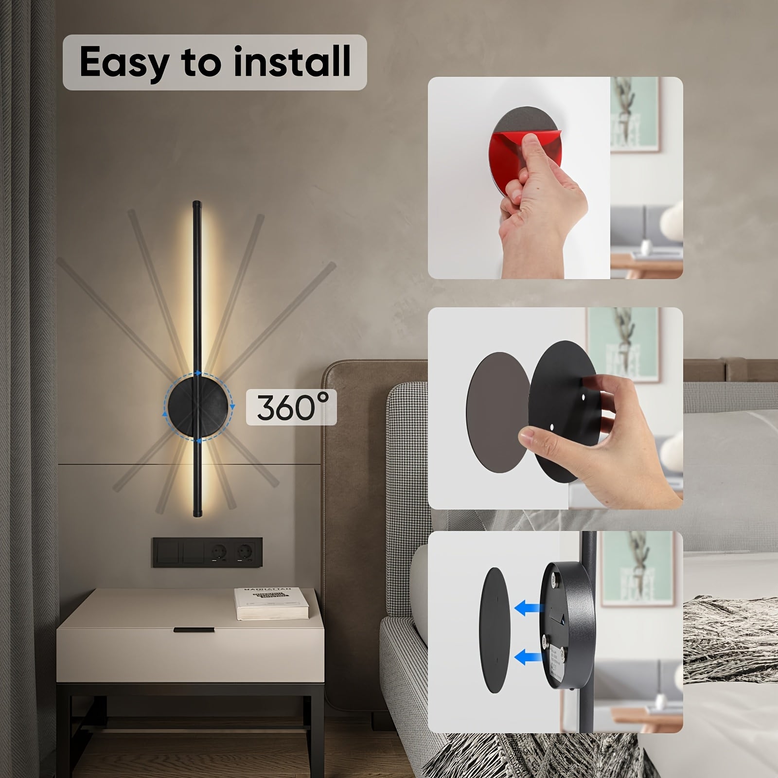 1-Pack Remote Control LED Wall Light, Wall Fixture Equipped with 4400mAh Rechargeable Battery, Supports 3 Color Temperatures and Dimming Function, Magnetic 360° Cordless Rotation, Suitable for Bedroom Bedside (Black)