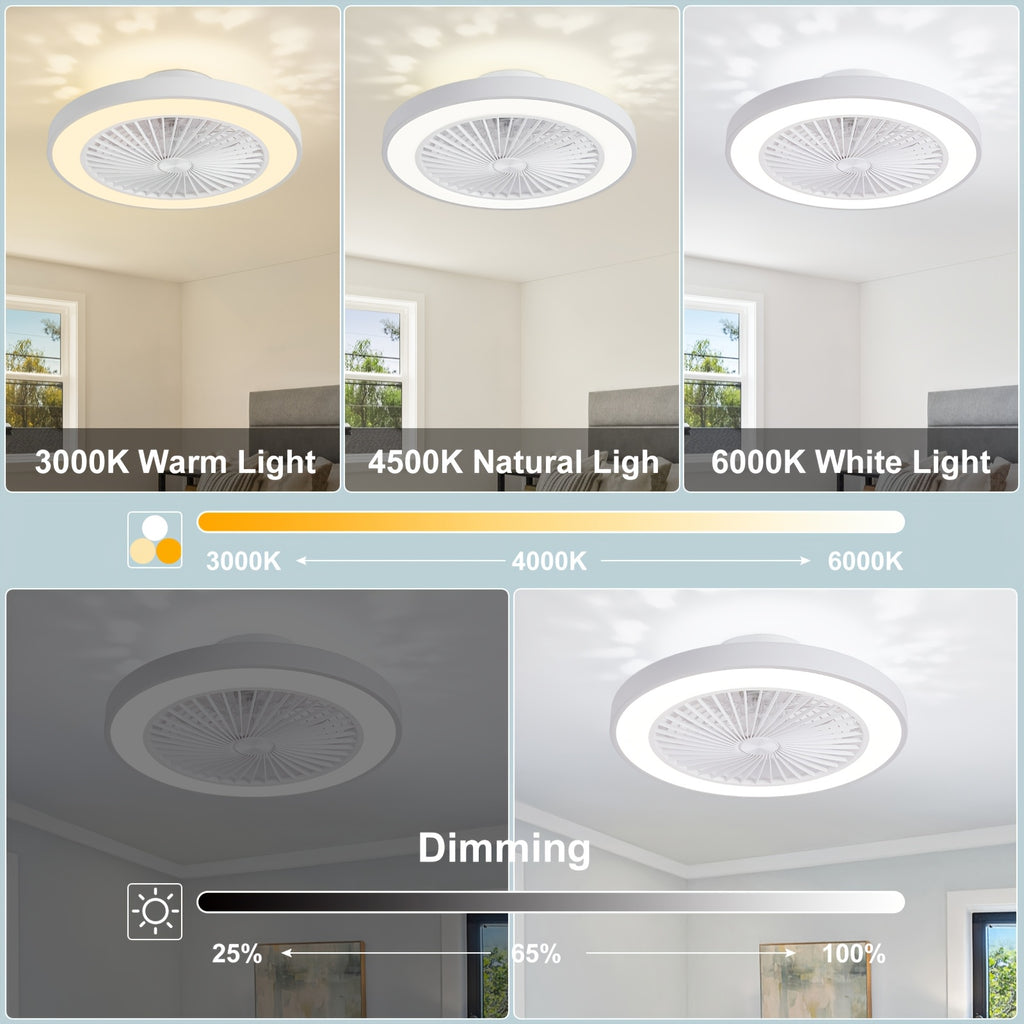 Low Profile Flush Mount Ceiling Fan with Light, 6-Speed Dimmable Bladeless Reversible Fan Light, Suitable for Bedroom, Dining Room, Living Room, Kitchen