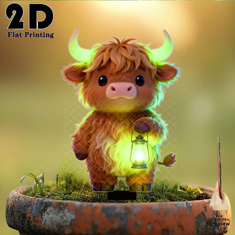 2D Flat 1 Piece Cute Highland Cow Holding Glow Light Garden Decoration Ground Insert, Outdoor Courtyard Garden Lawn Decorative Ornament, Garden and Flower Bed Decorative Stake, Perfect for Courtyard, Lawn, Bonsai - Festival Decoration