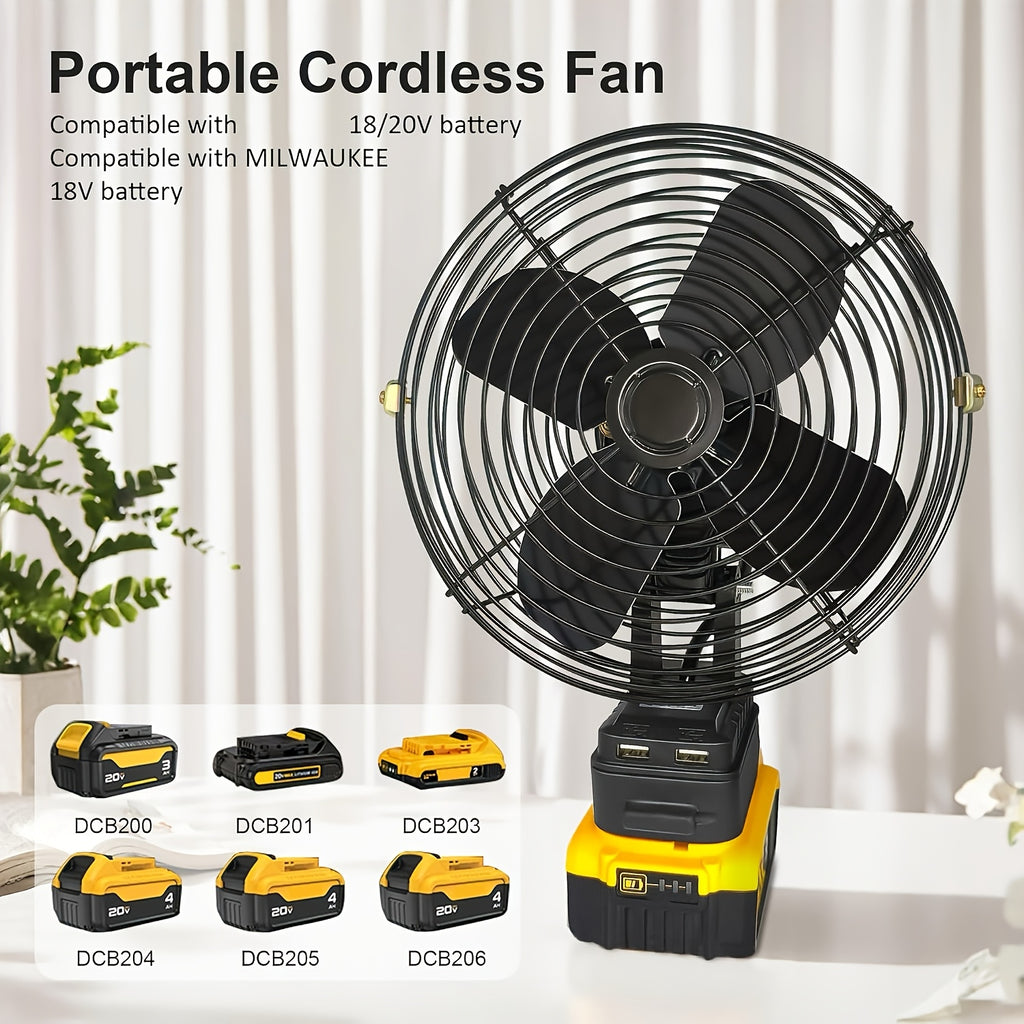 18V/20V Battery Powered Portable Cordless Fan, Cordless Working Fan with Battery Supply, 20W 3500RPM Brushless Motor Fan with Low Voltage Protection, Industrial Grade USB Port (Battery Not Included)