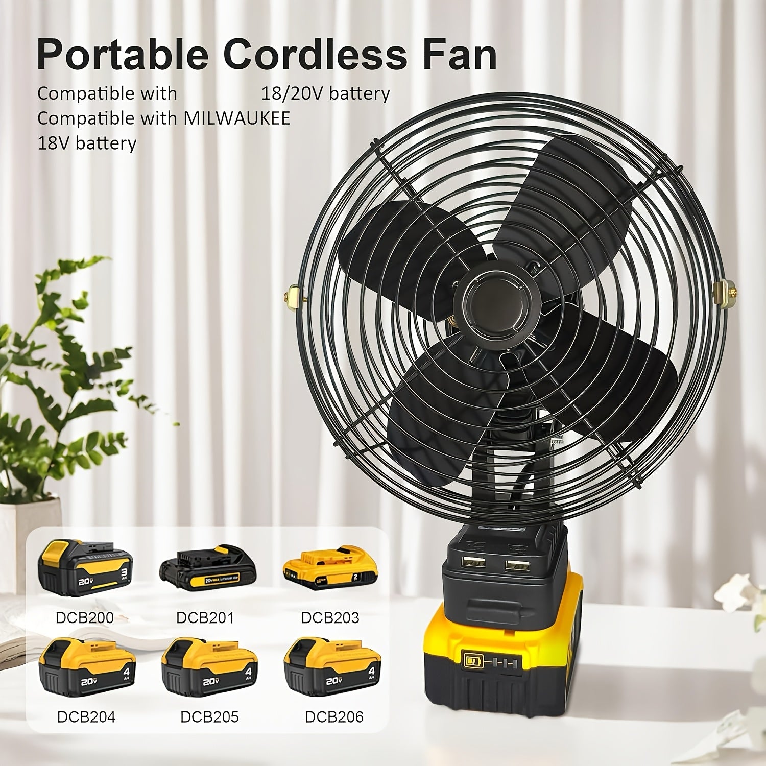 18V/20V Battery Powered Portable Cordless Fan, Cordless Working Fan with Battery Supply, 20W 3500RPM Brushless Motor Fan with Low Voltage Protection, Industrial Grade USB Port (Battery Not Included)