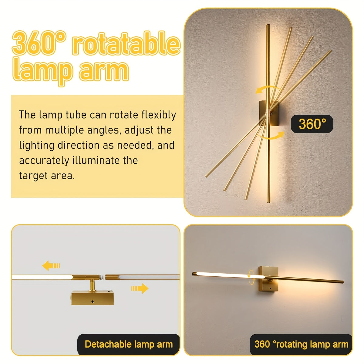 Removable Rechargeable Battery Powered, 31.5-Inch Wireless Wall Light, 360° Adjustable Lighting Angle: Features Include 4 Color Temperatures, Infinite Dimming, Touch and Remote Control Options