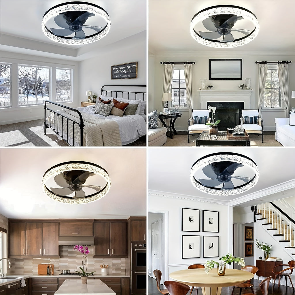 Low Profile Ceiling Fan with Light and Remote Control, Fandelier 19.7 Inch Semi-Flush Mount, 3000K-6500K Smart Bladeless LED, Black Modern Bedroom Ceiling Fan, Acrylic Lampshade, Hardwired, Remote Control