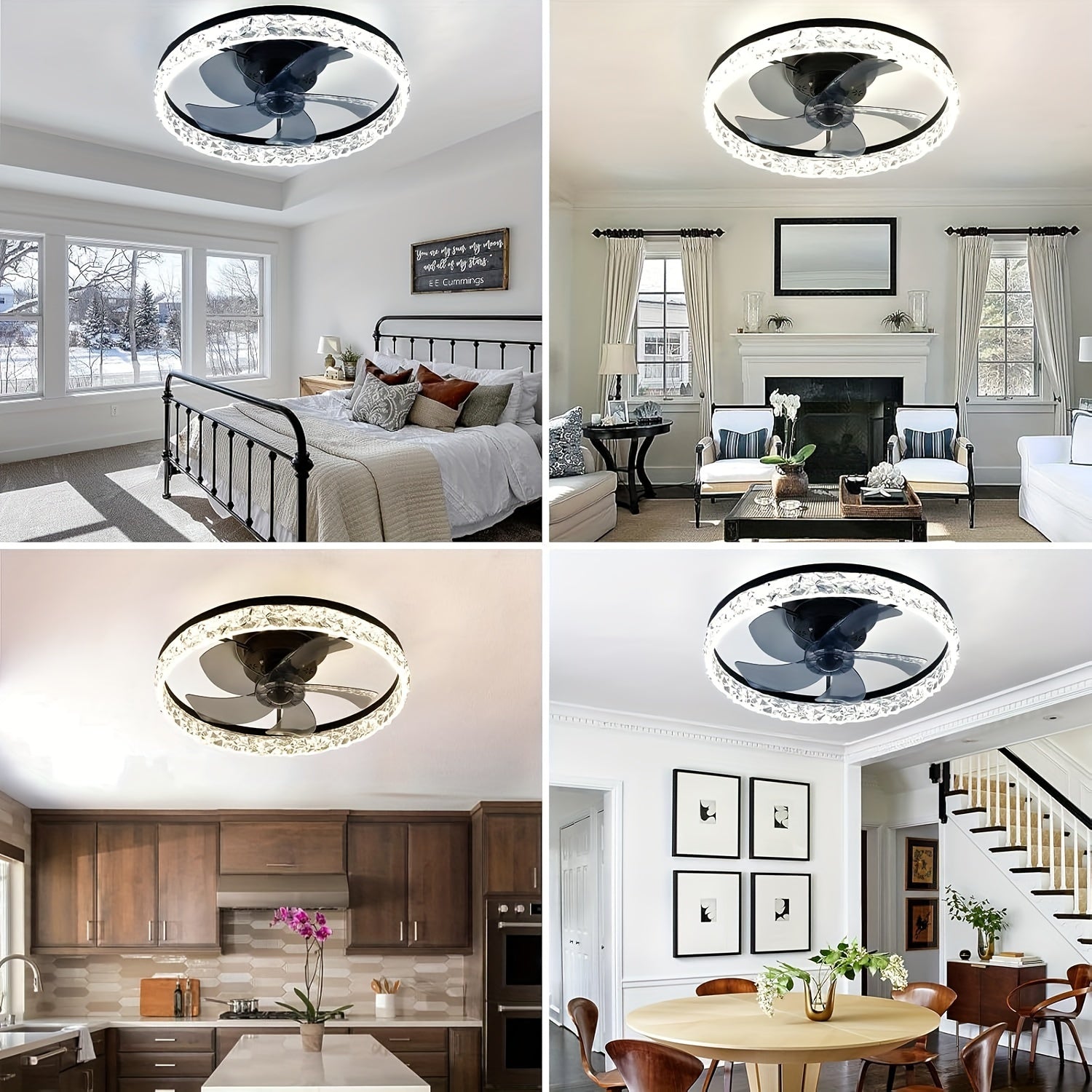Low Profile Ceiling Fan with Light and Remote Control, Fandelier 19.7 Inch Semi-Flush Mount, 3000K-6500K Smart Bladeless LED, Black Modern Bedroom Ceiling Fan, Acrylic Lampshade, Hardwired, Remote Control