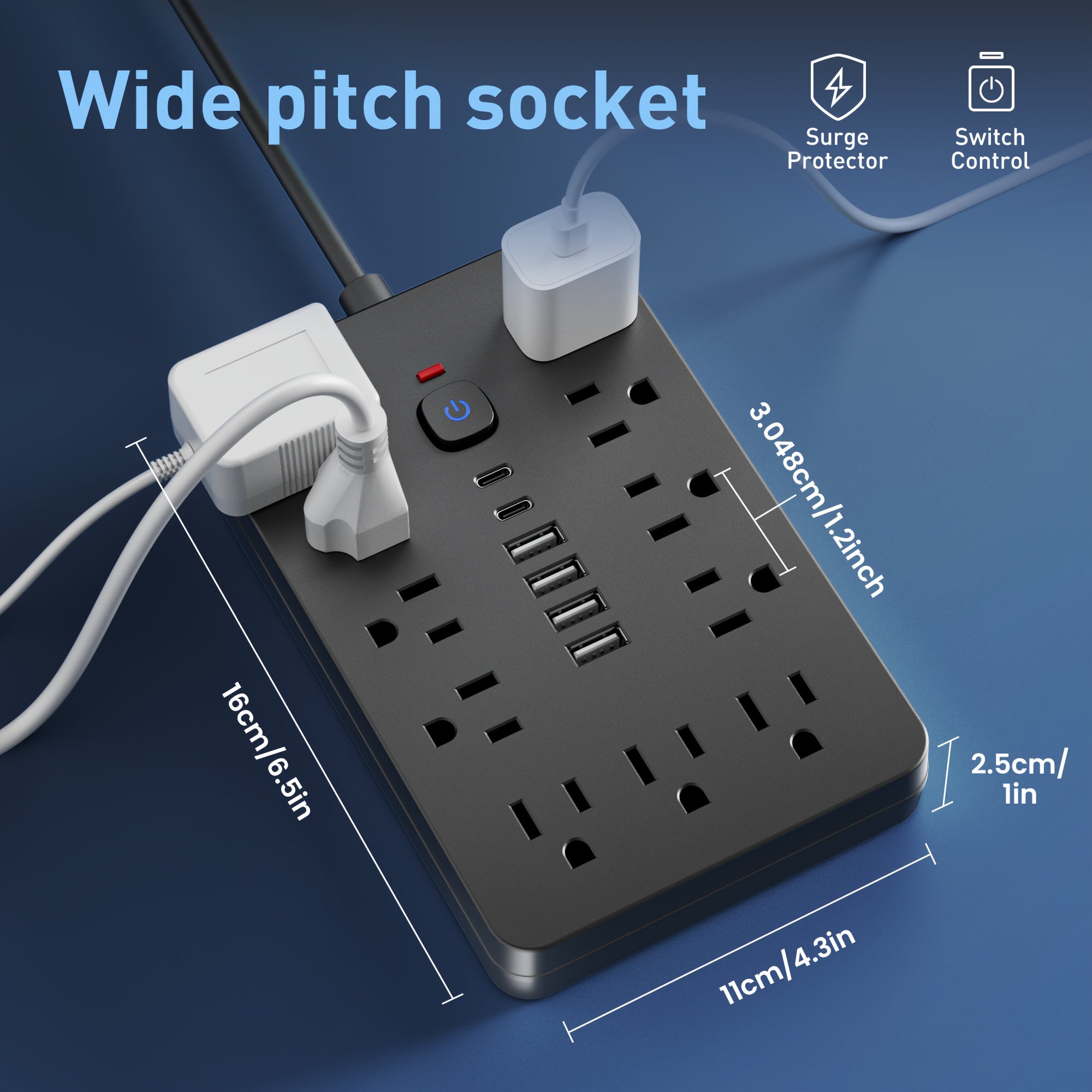 This Power Hub Features 11 Individual Outlets, Lengths of 5FT And 10FT, Along with 4 USB Ports And 2 USB-C Ports. It Has a Flat Plug Design, Can Be Mounted on The Wall, And Is Equipped with Overload Protection, Making It Ideal for Home Or Office Use