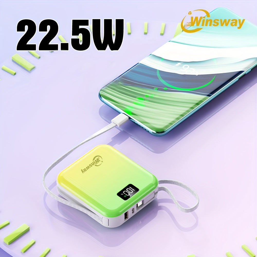 Winsway 2.9英寸迷你充電寶，10000mAh大容量，小巧便攜，內建USB-C雙線輸出，22.5W快充，LED顯示屏，內建掛繩設計，相容多種電子裝置，適合作為高顏值充電寶贈予朋友，聖誕禮物優選