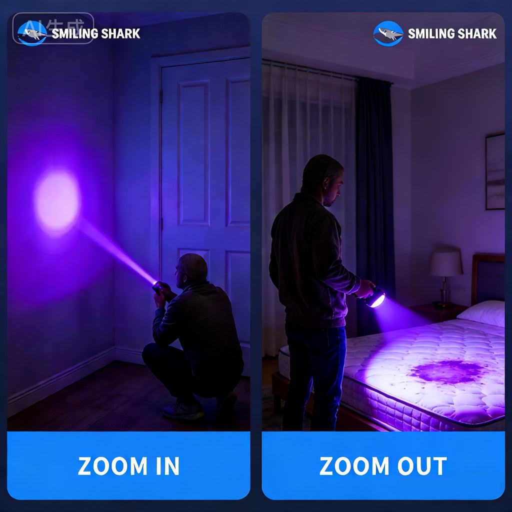 2-Pack Smiling Shark Rechargeable UV Flashlight | Xpe+395nm Purple Light, Retractable Focus Zoomable Flashlight, Detects Hidden Stains & Pet Soils, Lightweight & Portable, Built-in Lithium Battery, Long-Lasting, Ideal for Camping, Work & Travel