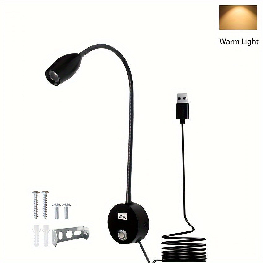 Reading light spotlight, wall-mounted lamp with flexible gooseneck, touch dimmable switch, three color modes, bedside night light suitable for bed, headboard, desk