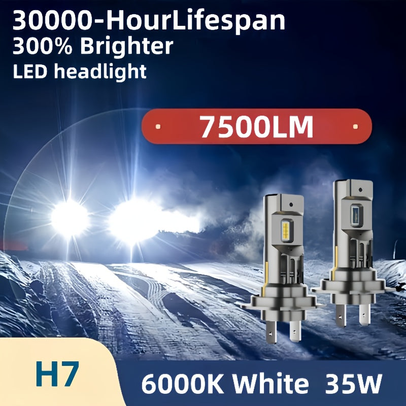 2Pcs H1 H3 H4 H7 H11 H27 9005 9006 9012 Car LED Bulbs, 35W, 7500LM, 6000K White, 300% Brightness Increase, Super Bright Car Headlights, 12V/24V Compatible, High-Speed Fan Cooling, Lifespan Up to 30,000 Hours