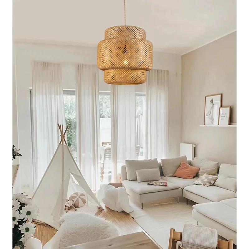 Three-layer rattan pendant light – 19.7-inch hand-woven natural dome light fixture, with 59-inch adjustable hanging rope, bohemian style chandelier, suitable for living room, dining room or entryway – compatible with E26 bulb (bulb not included)