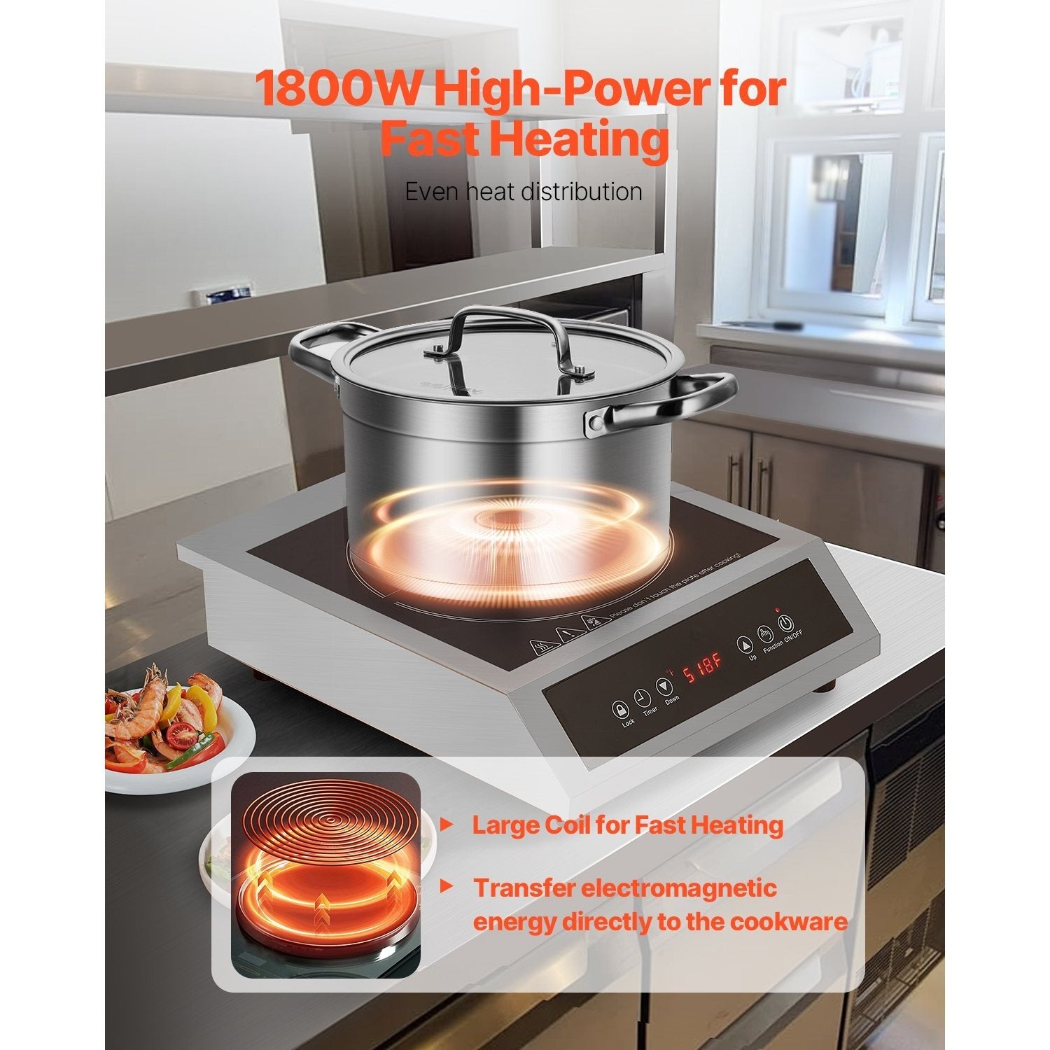 Portable Commercial Induction Cooktop, 1800W Countertop Stove, 9 Power Levels