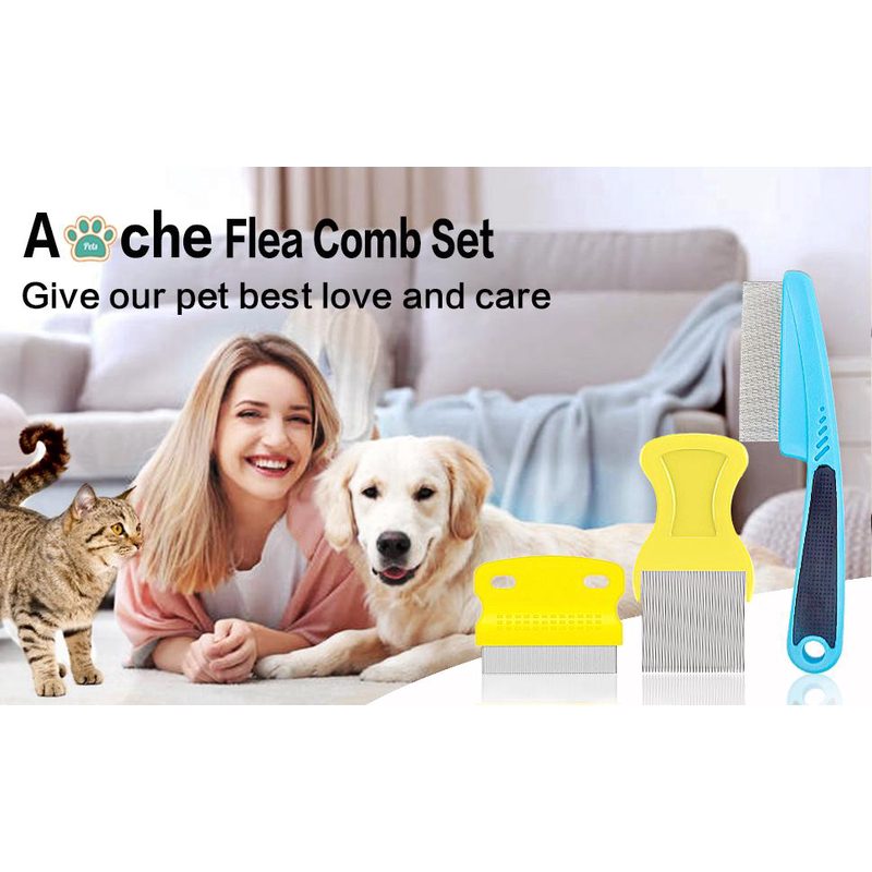 三支装细齿宠物梳，适用于猫狗——金属齿柔软手柄设计，兼具泪痕清洁、跳蚤蜱虫去除、敏感肌温和解结及去屑功能（无化学添加）
