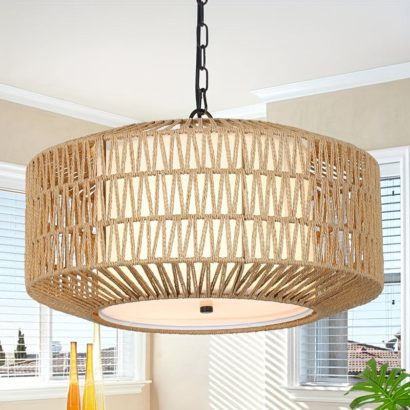 Farmhouse pendant light, 1/5-light bohemian woven pendant light, dining room light fixture with fabric lampshade, hand-woven large lampshade suitable for kitchen, bedroom, island, hallway, dining room light fixture (bulb not included!!!)