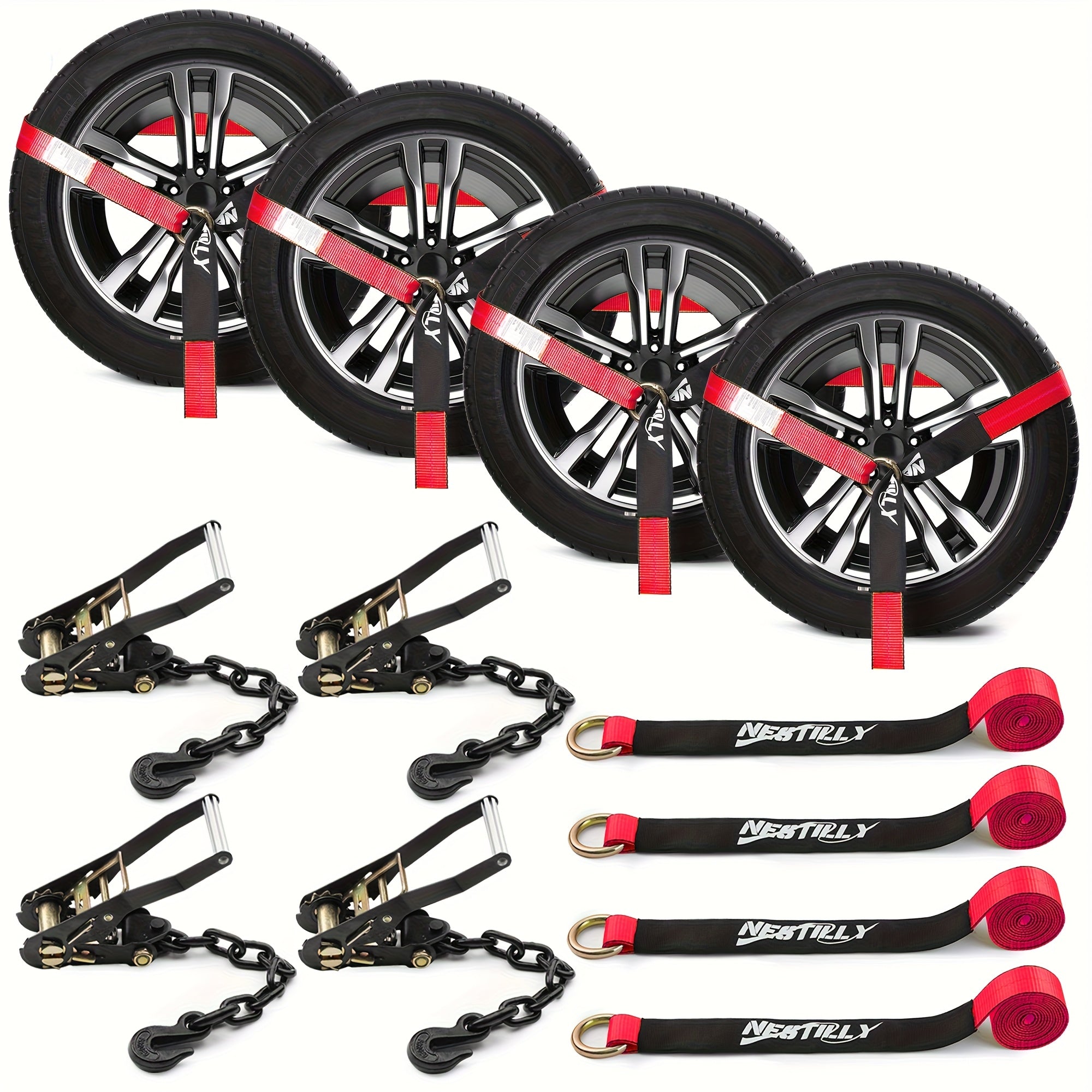 4-Pack Reflective Car Trailer Tie Down Straps - Tire Ratchet Straps with Chain Anchor Device - 2in x 8ft, 9900lb Break Strength - Lasso-Style Wheel Straps for Transporting ATVs, SUVs, Trucks
