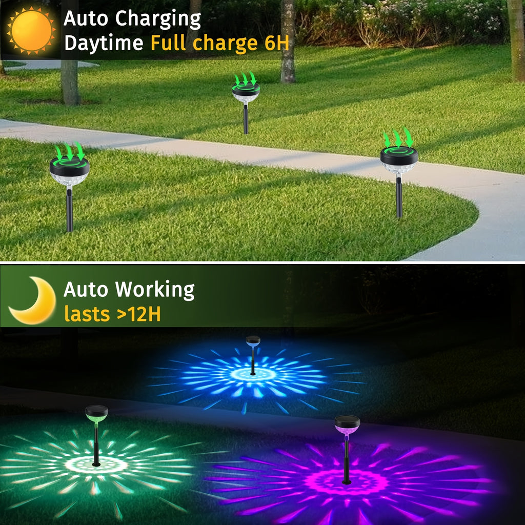 A Set of 8 Solar Path Lights with Color Changing Function and 8 Fixed Colors (Warm White, Cool White, RGB). These Outdoor Solar Garden Lights are Perfect for Decorating Walkways, Courtyards and Backyard Landscapes.