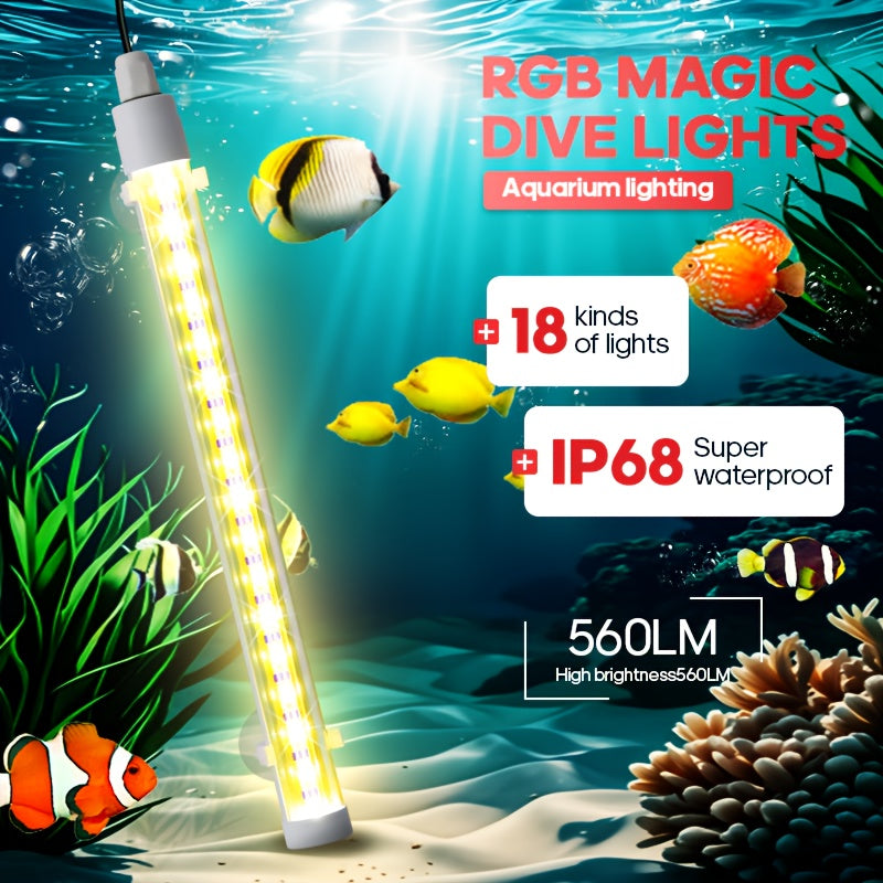 智能RGB水族馆景观灯，18种颜色和动态模式，宠物水族馆装饰LED灯条，带定时器的4键控制，RGB鱼缸灯的5级亮度调节，USB供电的水生藻类灯，产品附着在透明鱼缸的外部