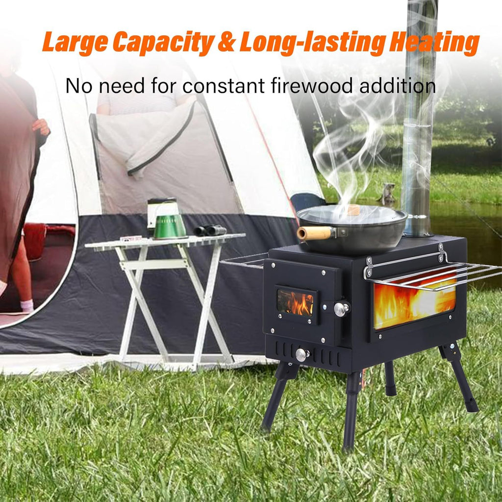 Wood Burning Stove, Stainless Steel Camping Stove, Portable Wood Stove, Outdoor Cooking Camping Wood Stove with 5 Chimney Pipe Sections & Gloves, Ideal for Ice Fishing