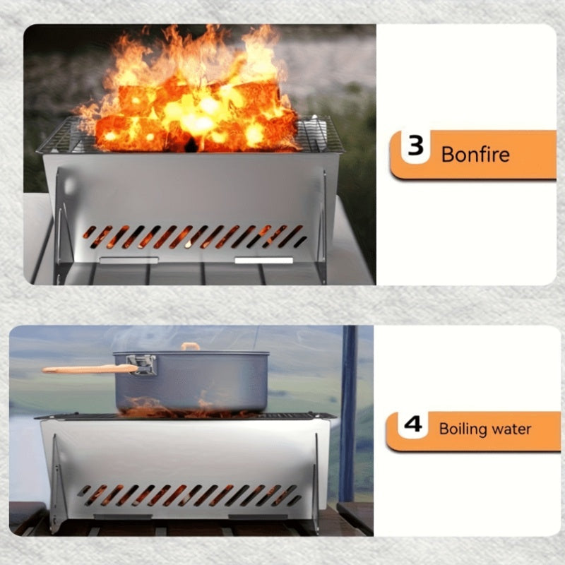 2-Piece Outdoor Foldable BBQ Grill, Stainless Steel Cassette Stove, Portable Charcoal Stove, Garden Party Camping Supplement. Includes 1 BBQ Grill + 1 Basting Brush/