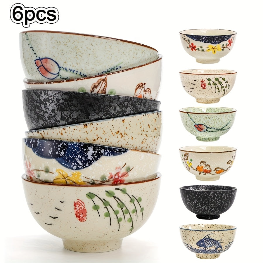 6pcs Vintage Ceramic Cereal Bowls, 4.5-Inch Stackable Chinese Bowls – Small Hand-Painted Dinnerware Set – Perfect for Cereal, Salad, Dessert, Ice Cream, Rice, Noodles – Dishwasher Safe & Microwave Safe