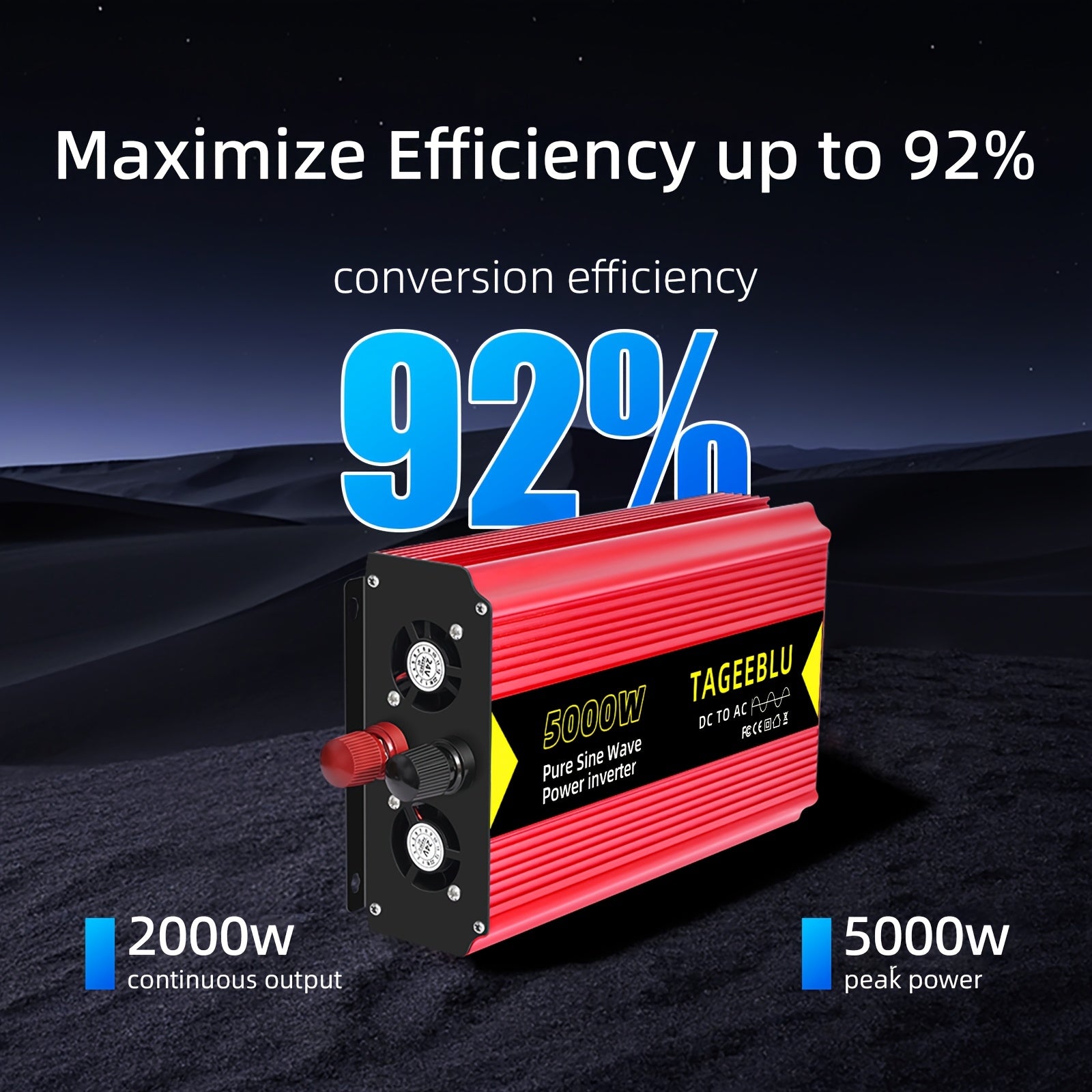 纯正波，房车逆变器，12V或24V DC to 110V AC，5000W峰值，配备电缆，离网，房车，旅行拖车、大部分重型电器适用，咖啡机，微波炉，安静