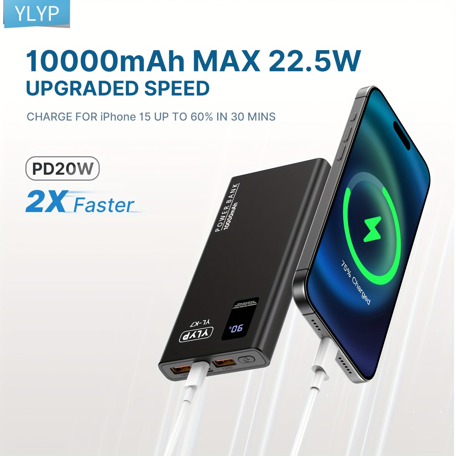 YLYP 1pc Ultra Slim Large Capacity Portable Power Bank 10000mAh, Max 22.5W/PD20W Portable Charger, LED and Digital Display Screen, Suitable for iPhone/Android Devices, 2xUSB/1xType-C Output, Type-C/Micro Input, Safe and Stable Polymer Lithium Battery, Chr