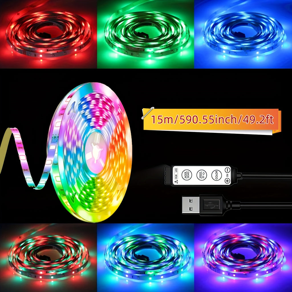 LED灯带 196.85英寸/393.7英寸/590.55英寸，45颗LED每米，USB供电，3键控制，静态与动态模式，卧室、天花板、派对氛围装饰照明，便捷安装