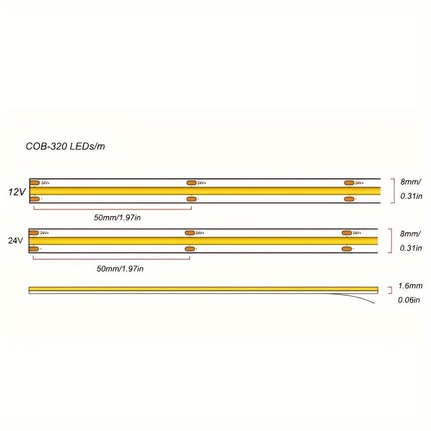 12V/24V320灯/米8mm宽COB灯带配DC连接器5米一套