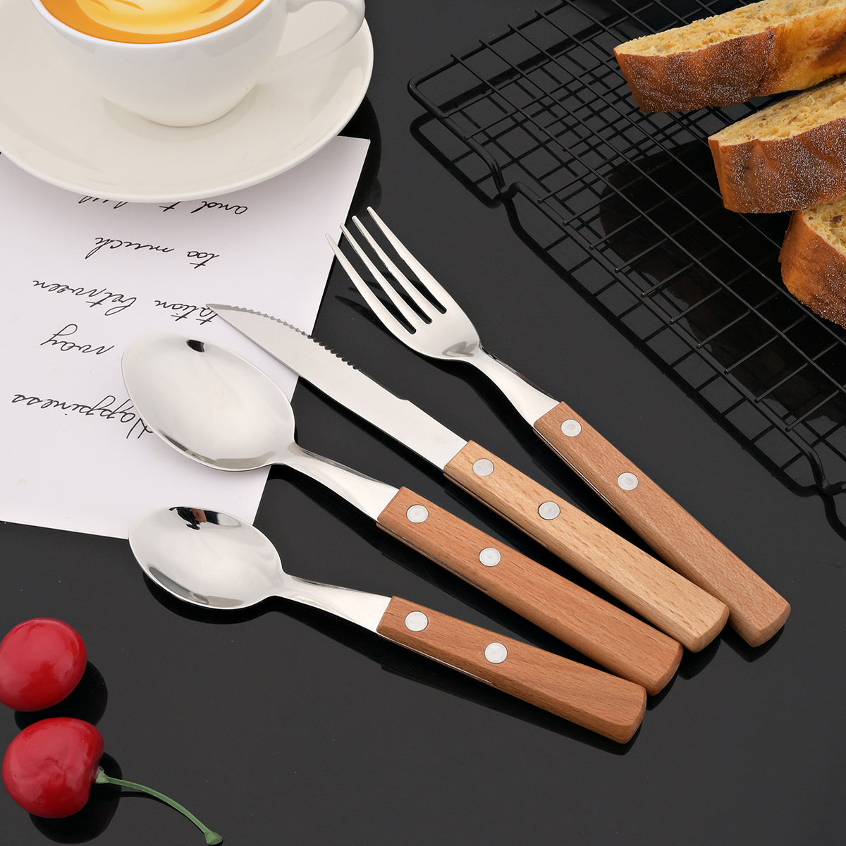 24-Piece Stainless Steel Cutlery Set with Wooden Handles – Mirror Polished Knife, Fork, Spoon & Tea Spoon – Vintage Flatware Set Service for 6 – Perfect for Home, Restaurant & Weddings