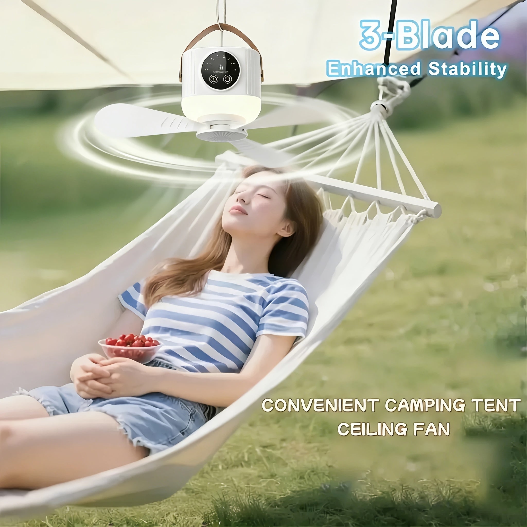 Portable Remote Control Ceiling Fan with Light, Rechargeable Camping Fan, Wireless Tent Fan, 4 Speed Levels, Timing Function, Battery Powered, Perfect for RV, Truck, Rooftop Tent, Travel and Camping