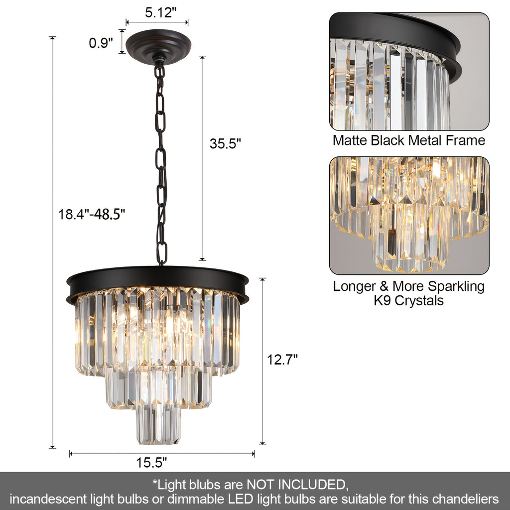 Modern Crystal Chandelier, Black Ceiling Pendant Light, 3-Layer Dimmable Recessed Pendant Light, Round Raindrop, Suitable for Living Room, Dining Room, Foyer, Kitchen Entrance (Bulb Not Included)