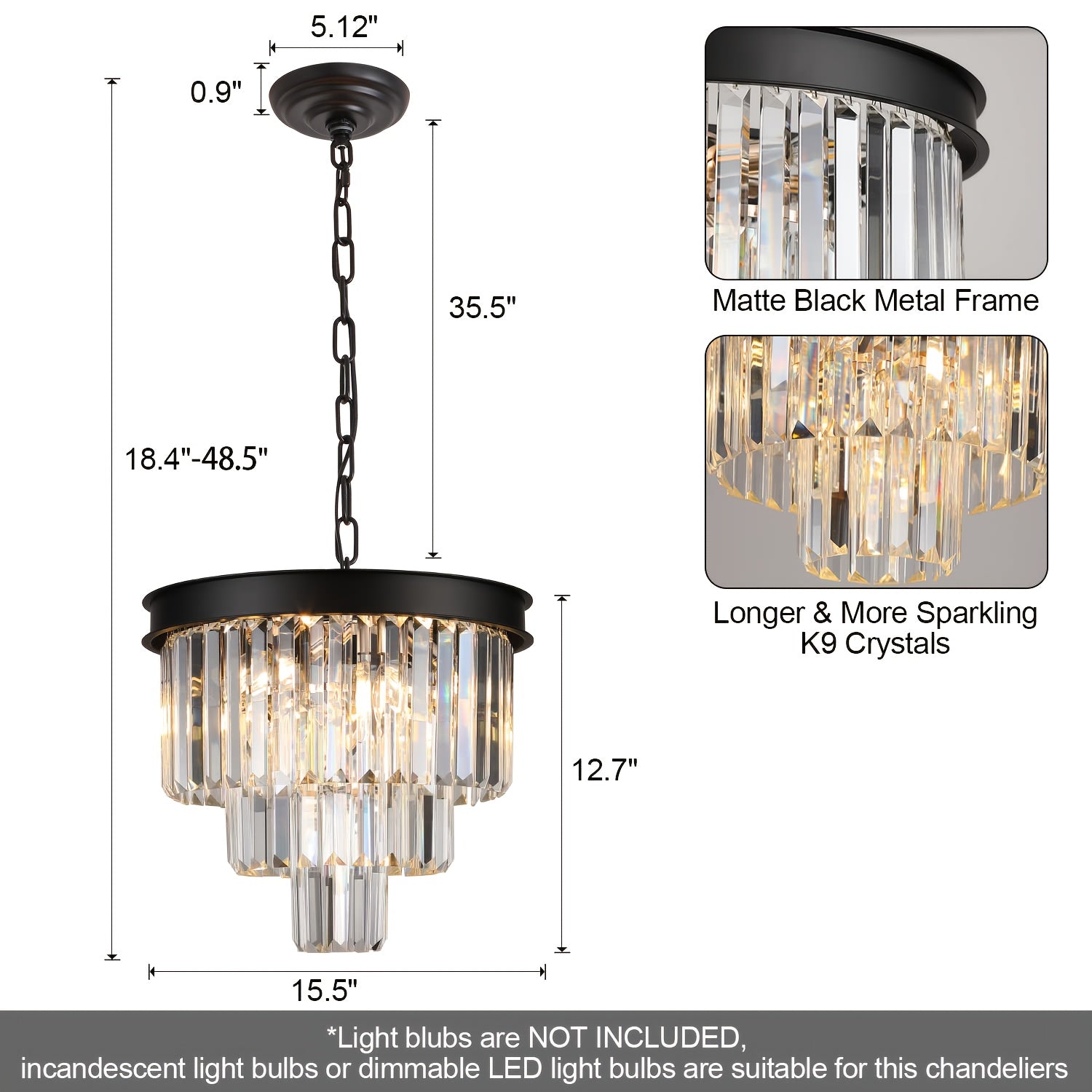 Modern Crystal Chandelier, Black Ceiling Pendant Light, 3-Layer Dimmable Recessed Pendant Light, Round Raindrop, Suitable for Living Room, Dining Room, Foyer, Kitchen Entrance (Bulb Not Included)