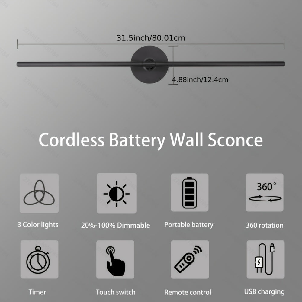 Rechargeable High-Capacity Battery Metal Light Tube Suitable for Picture Display Light, Hallway, Living Room Decoration and Various Scenes, 360° Rotating Cordless Wall Light, Multiple Brightness Levels Adjustable