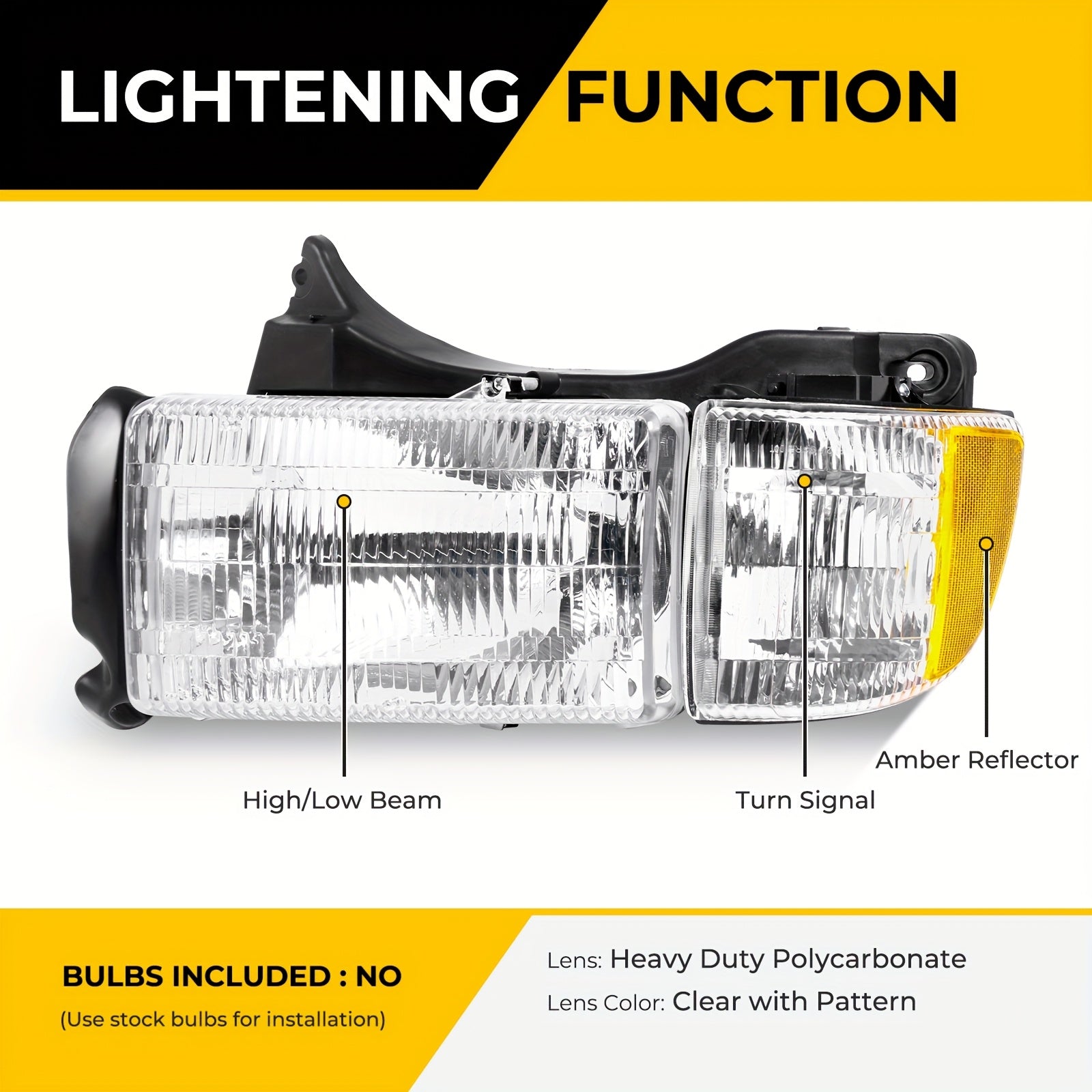 Headlight Assembly for Dodge RAM 1500/2500/3500 (1994-2002) - Direct Replacement Headlight with Clear Lens (Bulbs Not Included), Compatible with Part Numbers 55076749AD/AO, 55076748AD/AO, for Pickup Trucks