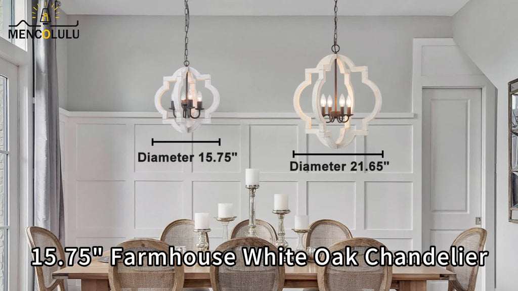 16" oak farmhouse pendant light | faux aged white wood chandelier, suitable for dining room, kitchen, living room, bedroom, entryway, foyer | semi-flush mount installation, polished metal lamp head, E12 bulb base, hardwired, MENCOLULU brand