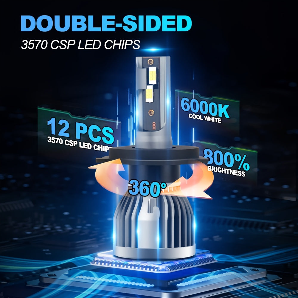 2-Pack ROADSUN LED Car Headlights, 35000 Lumens, 6000K White Light, High/Low Beam, 500% Brightness, CSP Chip, Aluminum Alloy Housing, 12-24V, No Battery Needed, Compatible with H4 H1 H3 H7 H11 9005 9012 H13 9004