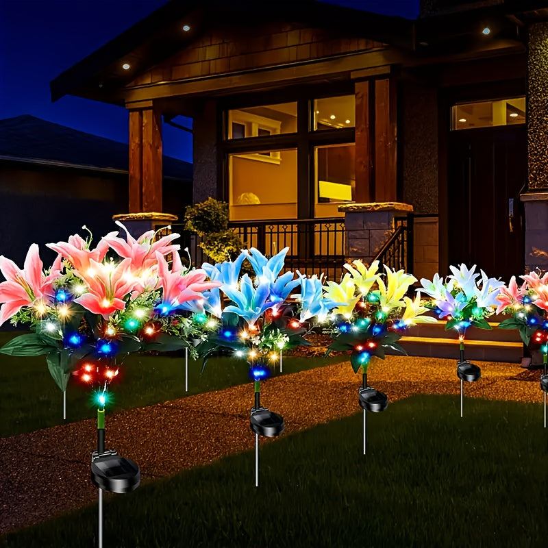 4pcs Solar 7 Lily Flower Light LED Outdoor Artificial Flower Light Solar Garden Light Outdoor Decoration for Courtyard, Garden, Path, Backyard, Lawn Ground Insert Light