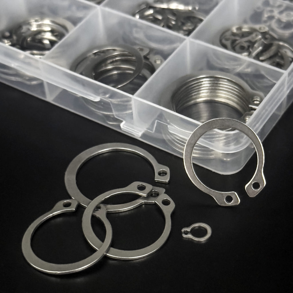 225-Piece External Retaining Ring Assortment, Includes 15 Sizes, Made of 304 Stainless Steel, Fits Shafts from M3 to M25.
