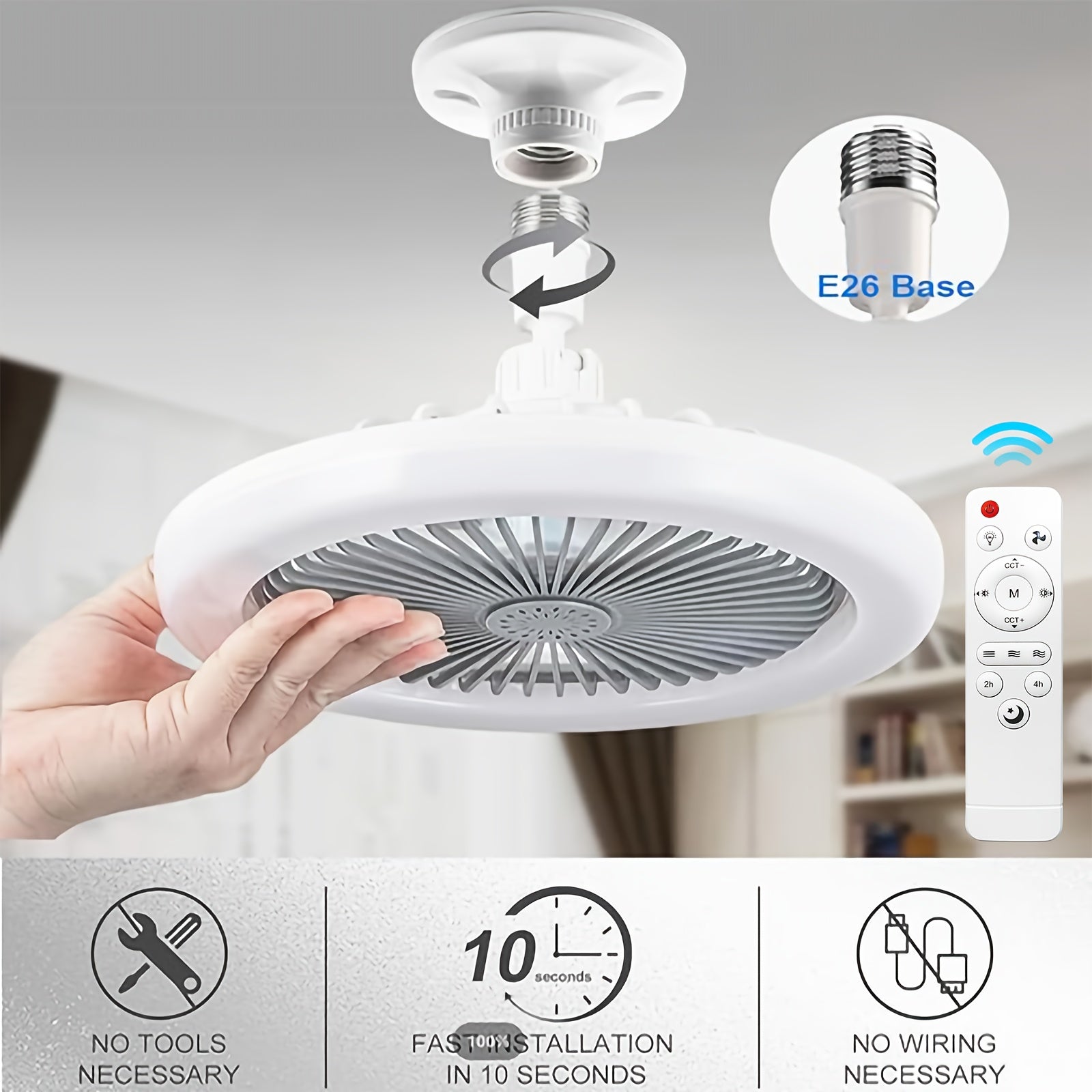 10 Inch 360° Rotatable Ceiling Fan Light with Remote, 3 Wind Speeds & 3 Light Colors, Memory Function, 2/4 Hours Timer, E27 Screw Base LED Fan Light, 4 Color Options for Bedroom Garage Kitchen Workshop