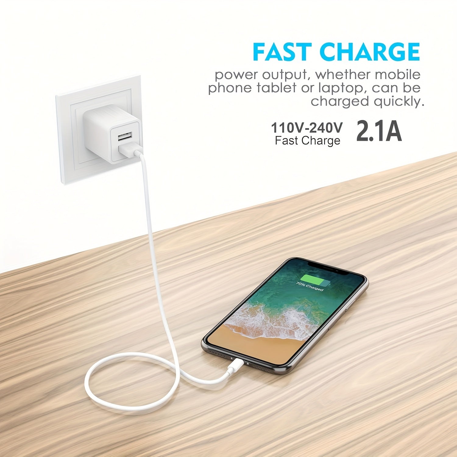 10W Dual-Port Wall Charger Adapter, USB Converter, Small Device Charger Adapter USB Converter for iPhone 15-17 iPad Pro Samsung Galaxy with 47.24inch USB A-C Cable 3/4pcs